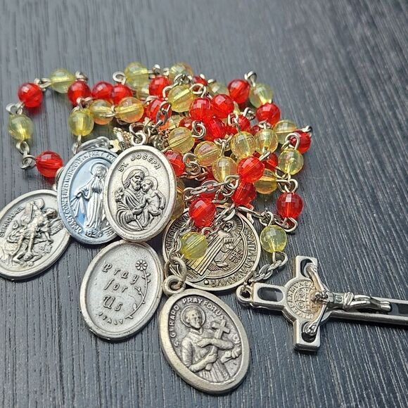 Elegant Silver Tone Red Yellow Beaded Necklace Rosary Jewelry Unisex Man Women - Picture 3 of 15